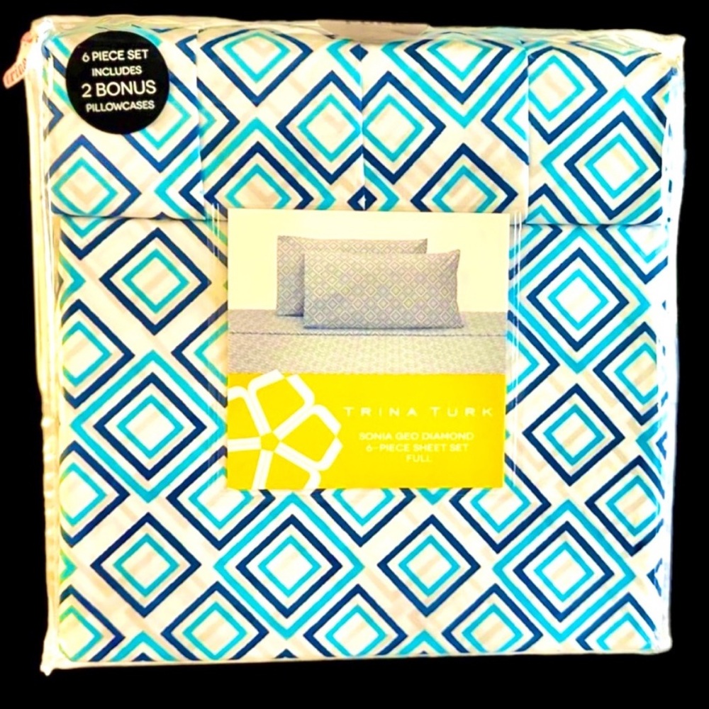 Full Sheets Set Trina Turk  Blue Teal & White Geometric NEW